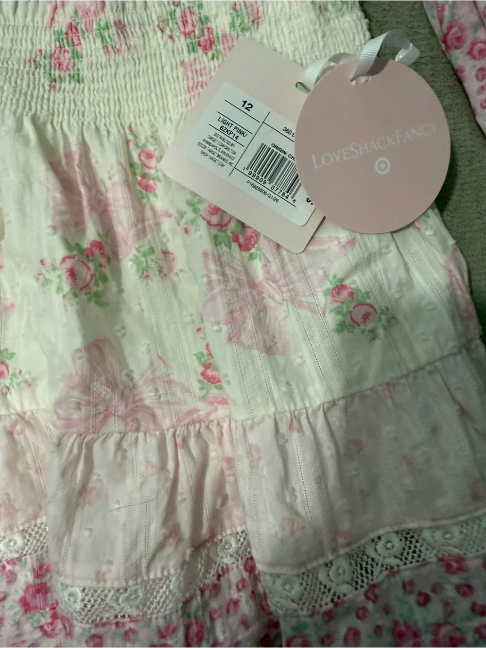 LoveShackFancy Girls Pink Floral Smocked Top & Cream Floral Tiered Skirt Set